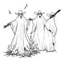minimalist tattoo design featuring cowboy ghosts dancing around a fire tattoo design idea