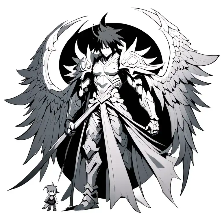 Susanoo Sasuke in anime armor with huge wings and a small character tattoo design idea
