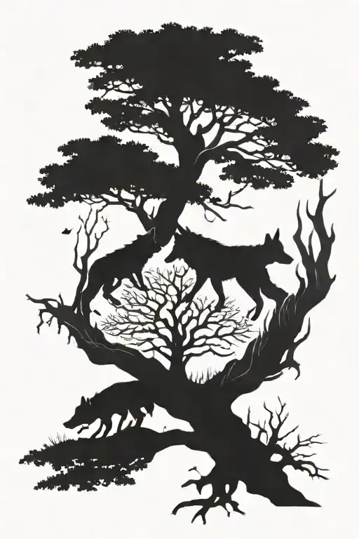 wolf ant tree tattoo design idea