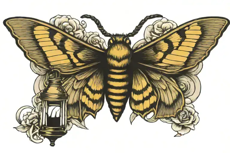 inverted Death's-head Hawkmoth with a lantern with the words Follow the Buzzards with Buzzards flying on top  tattoo design idea