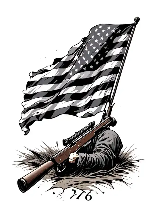 tattered waving American flag with 1776 written somewhere and a rifle tattoo design idea