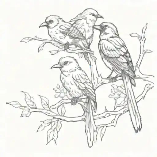  Different Birds Sitting on a branch tattoo design idea