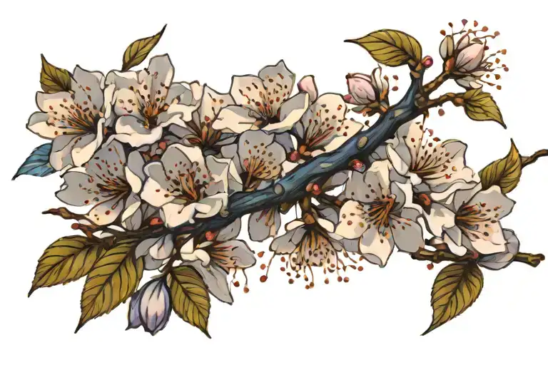 Cherry blossoms, deep blue petals, light blue petals, black branch. Leo constellation, Leo horoscope tattoo design idea