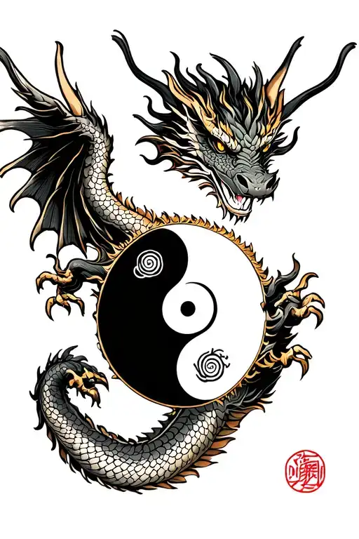 "人間に感嘆する上で、喜びを失わないよう、急げ" The dragon with wings holds yin and yang in paws tattoo design idea