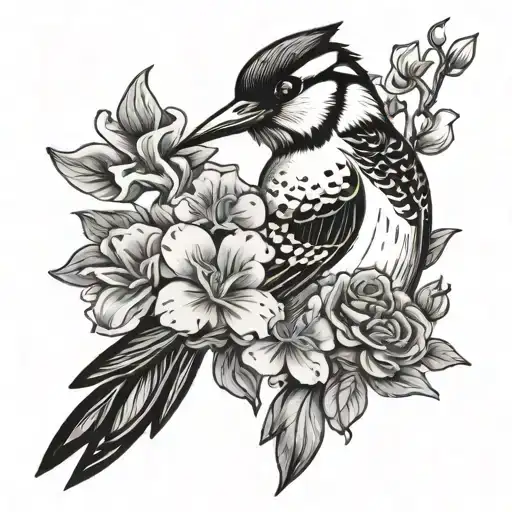 flowers and woodpecker  tattoo design idea