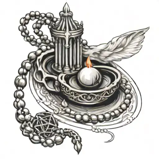 cathlic prayer, beads, memories of past present future tattoo design idea