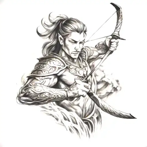 A Sagittarius archer shooting arrows at a waterfall of fire tattoo design idea