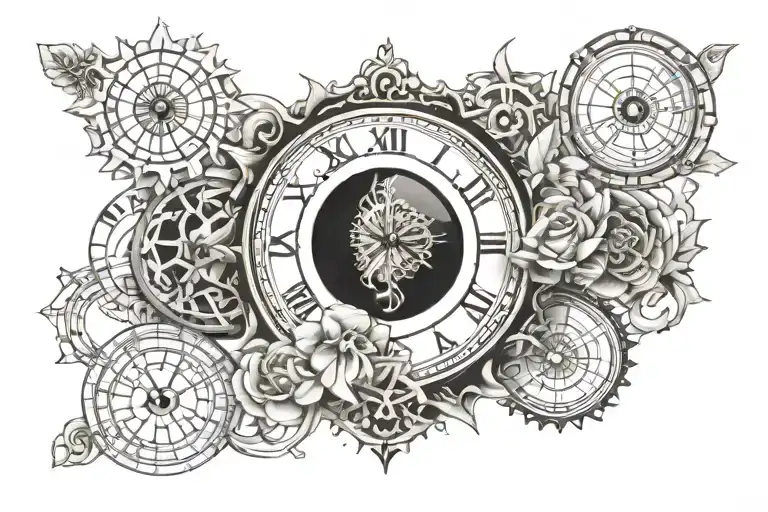 Evil Eye, sagittarius Sign, Yin Yang, And Flower Of Life With Clock In Roman Numerals Tattoo tattoo design idea