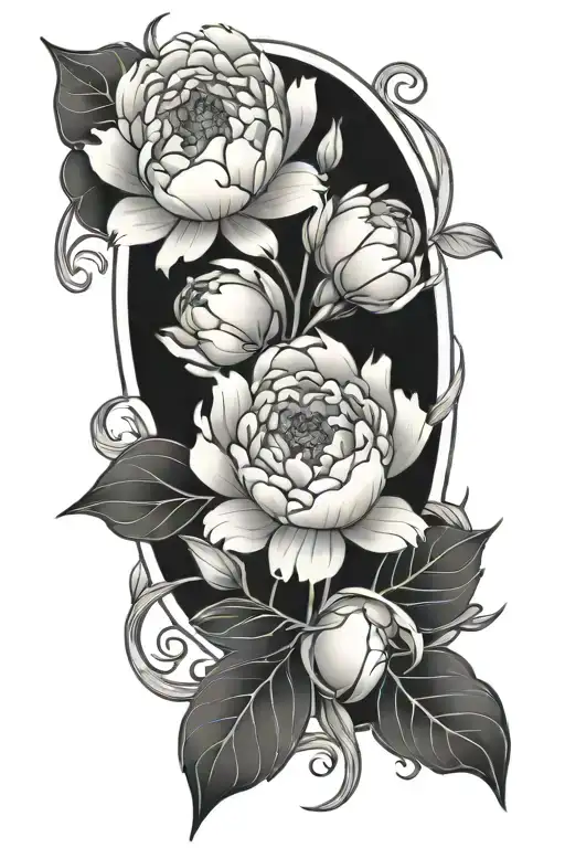 symmetrical peonies floral with stem and leaves, art nouveau, curved elements  tattoo design idea