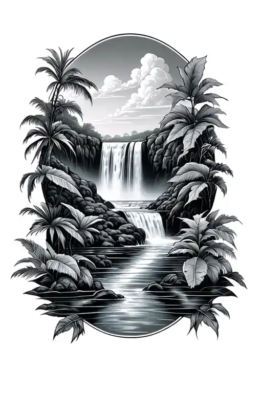 on the triceps tropical foliage with a waterfall in the background tattoo design idea