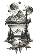 camping near a lake with mountains surrounding, sky fades into space tattoo design idea