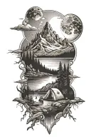 camping near a lake with mountains surrounding, sky fades into space tattoo design idea