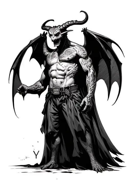 standing demon torso up with bat wing spread an H in one wing a D in the other for Harley Davidson fron of throat tattoo tattoo design idea