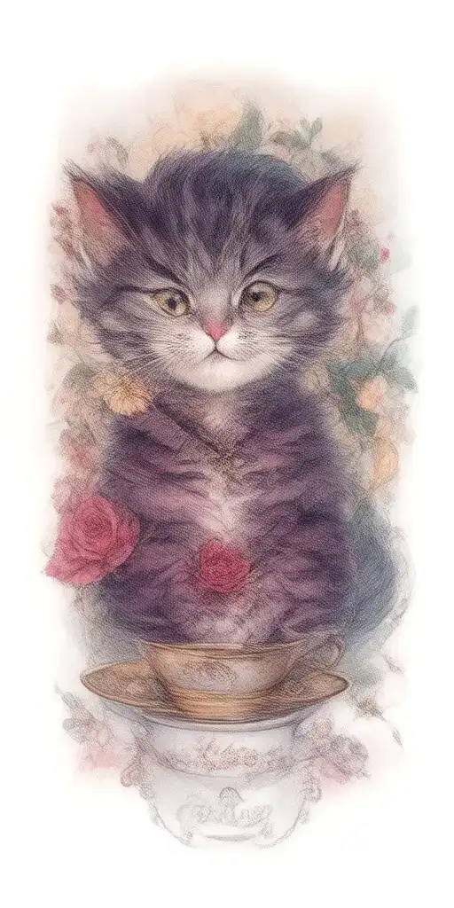 "We are all a little mad here"  evil cheshire cat with tail intertwined with tea cup and rose tattoo design idea