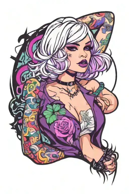 Sexy Petite Girl white short bob hairstyle, revealing clothes, big boobs, purple eyes, wide hips Slutty. gothic pin-up  tattoo design idea