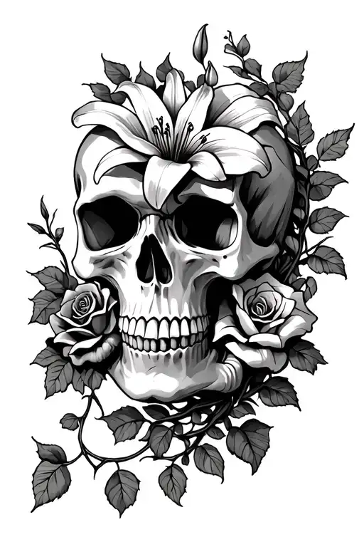 A skull with a lily flower and a rose flower being held in its mouth and some ivy vine wrapping around it tattoo design idea