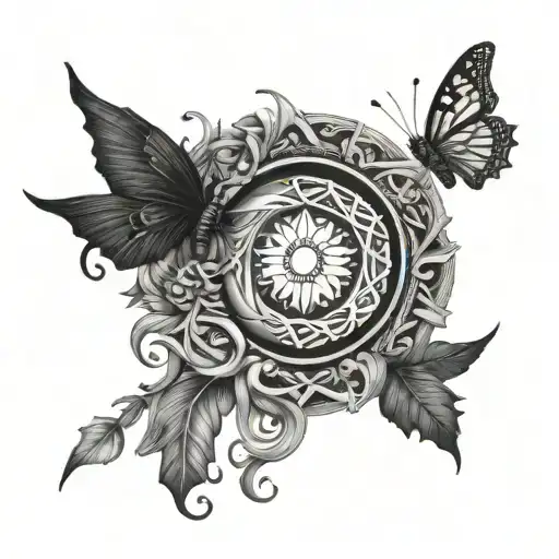 Witch's knot with a moon, sun and butterflies mandalas tattoo design idea