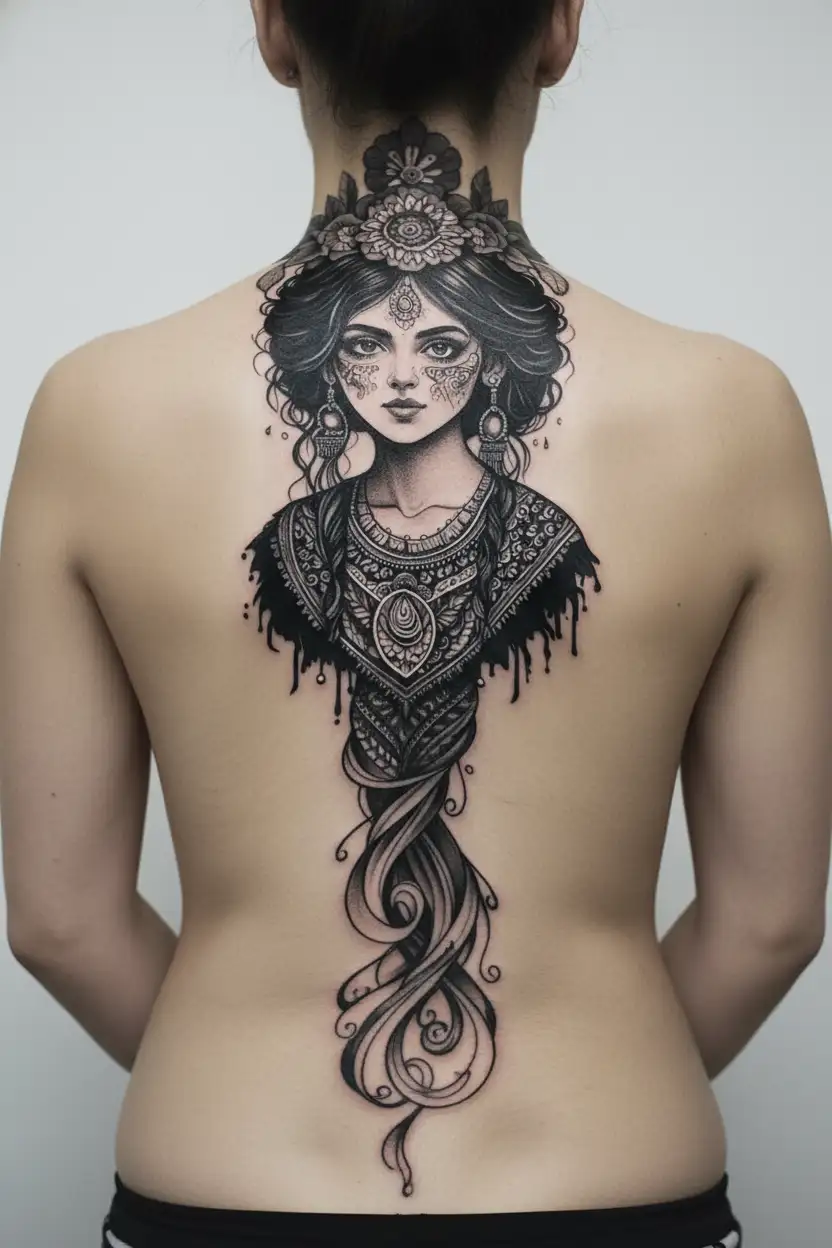 girl Gypsy fortune teller woman face tattoo design idea