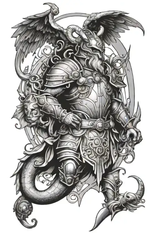 a mystical armor with chronos, 7 and capricorn tattoo design idea