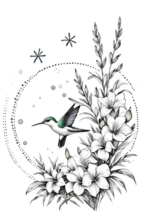 humming bird and gladiolus flowers. other plants and some stars as well as a circle of dots. tattoo design idea