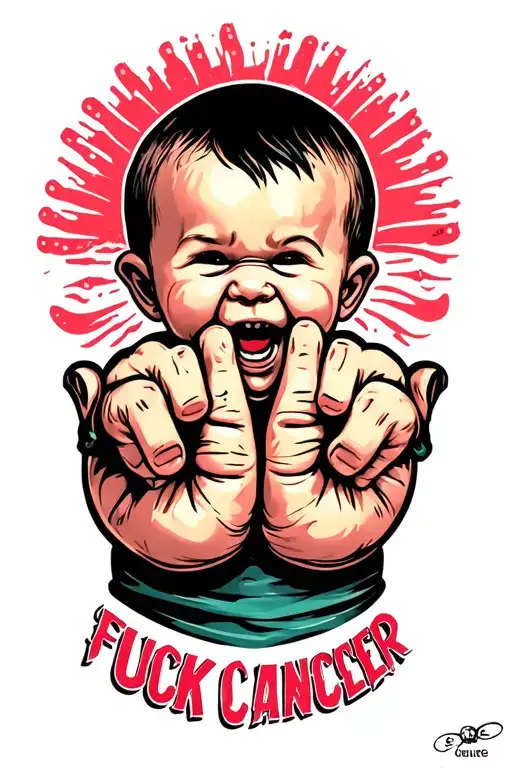 baby sticking up middle fingers saying fuck cancer tattoo design idea