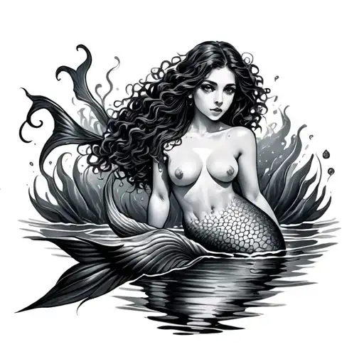topless mermaid swimming upstream tattoo design idea