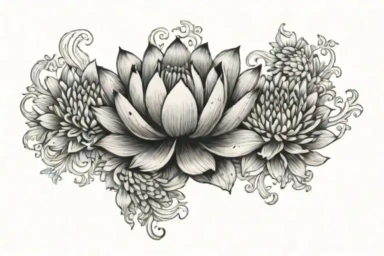 Lotus flower and chrysanthemum blooming tattoo design idea