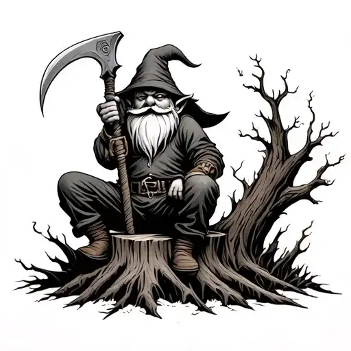 Evil Redcap Gnome Sitting on Rotting Tree Stump holding a hand Scythe as a weapon Back of hand tattoo fade for knuckles tattoo design idea