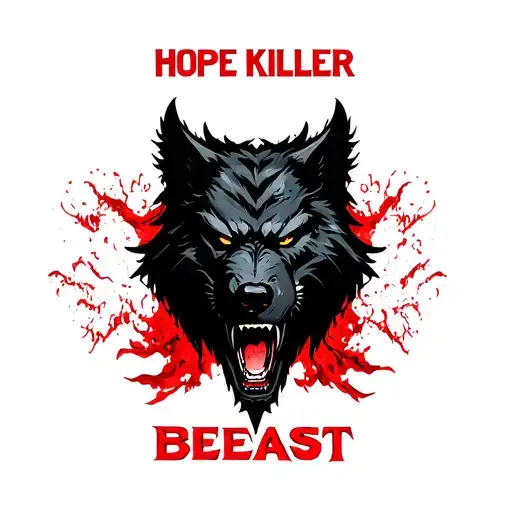 one centered black werewolf head with "HOPE KILLER" written above it in red and the word "BEAST" written below it tattoo design idea