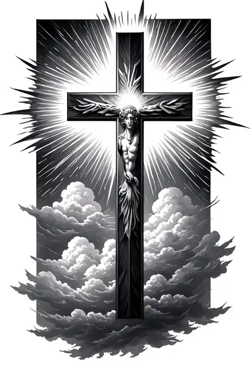 Cross with rays of light shining and souronded with clouds from heaven tattoo design idea