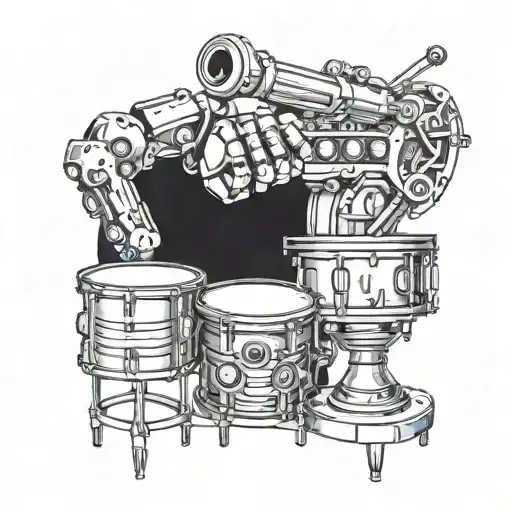 A mechanical robotic arm playing a set of drums tattoo design idea