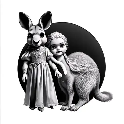 Chucky doll wearing frozen Elsa dress holding hands with a kangaroo tattoo design idea