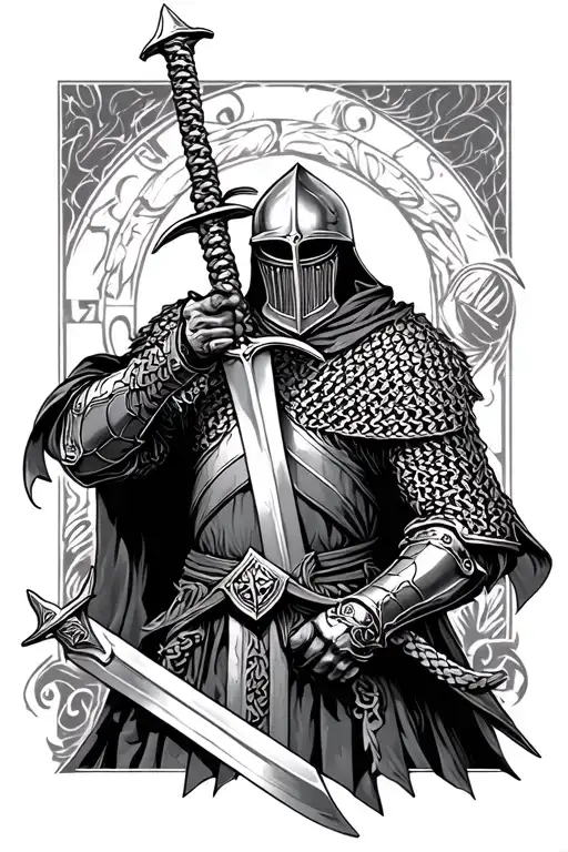 templar chainmail knight holding sword up tattoo design idea