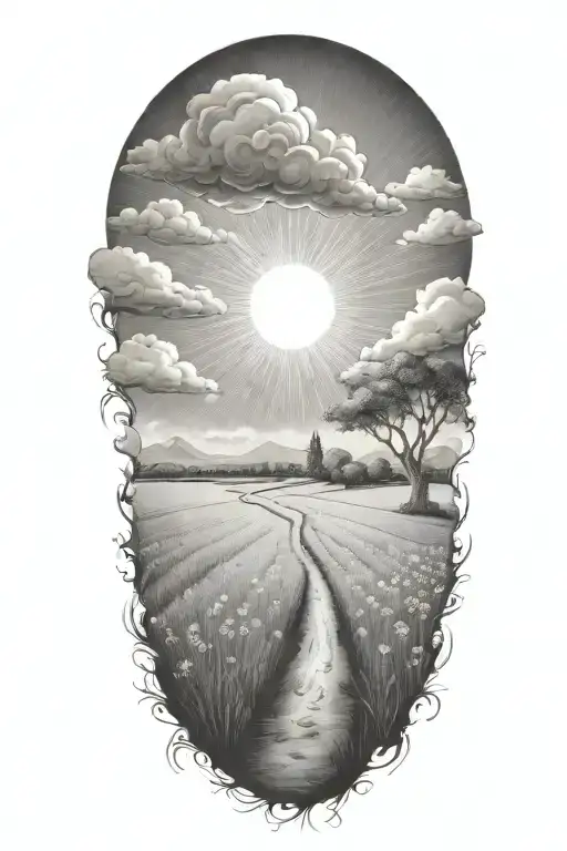 Field path around clouds at the end of the path a sun with 2 birthdays in it and 4 birthdays in the sunbeams tattoo design idea