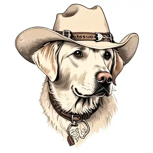 older golden female Labrador with a cowgirl hat on and collar and western theme tattoo design idea