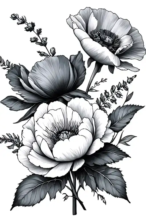 feminine floral with one peony one poppy and one heather tattoo design idea