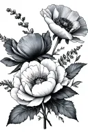 feminine floral with one peony one poppy and one heather tattoo design idea