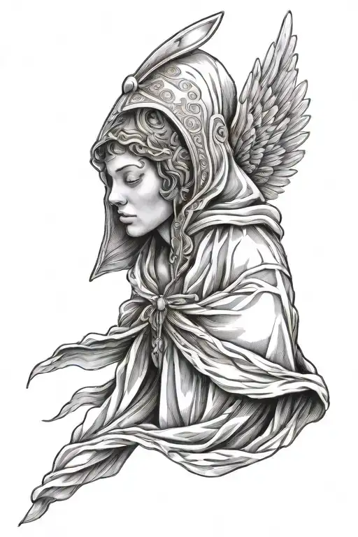 angel with hood and eyes closed tattoo design idea