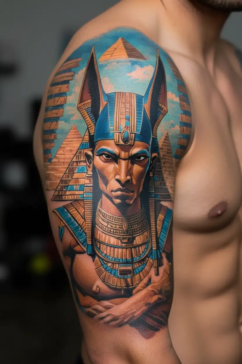 anubis with pyramids and inca warrior tattoo design idea