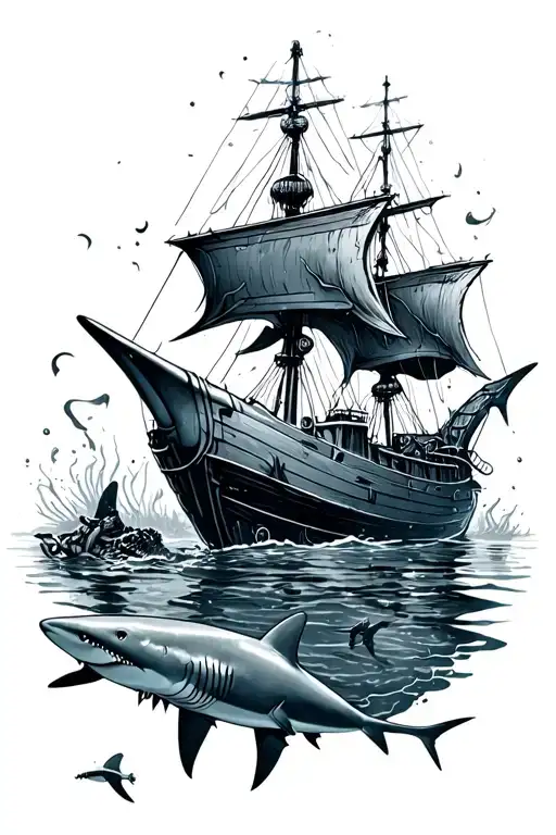 underwater scene with sunken ship sharks and a diver tattoo design idea