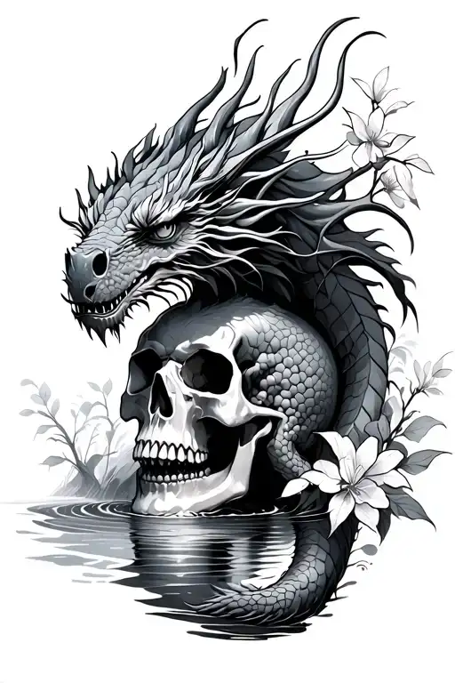 a dragon swimming downstream and its tail is weaving in and out of a skull with cherry blossoms around it tattoo design idea