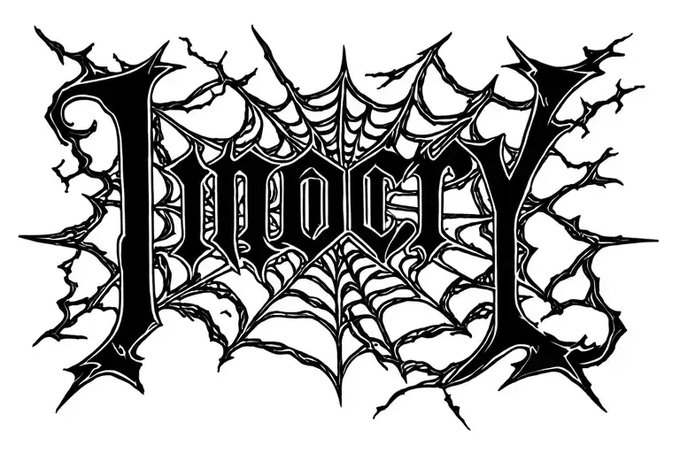 The inscription "Inocry" in the Gothic style, trails, on the chest from shoulder to shoulder, with lightning and web, the inscription is barely pushing tattoo design idea