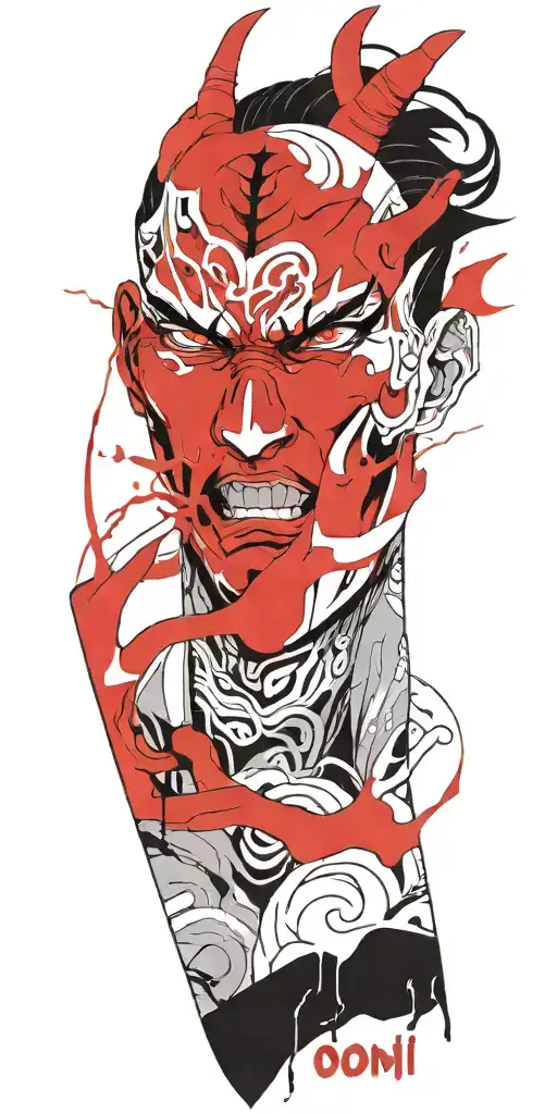 male anime character  oni mask fighting off inner demons with minimal black tattoo design idea