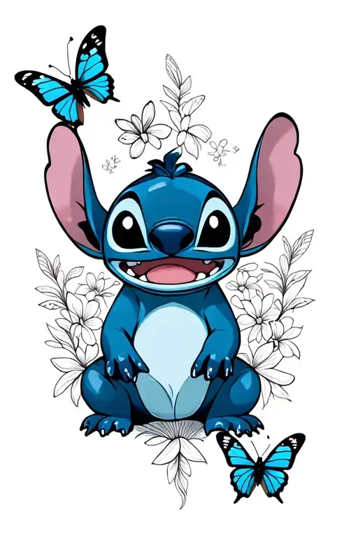 Lilo and Stitch themed tattoo with a blackwork design featuring Ohana symbol and Stitch surrounded by butterflies tattoo design idea