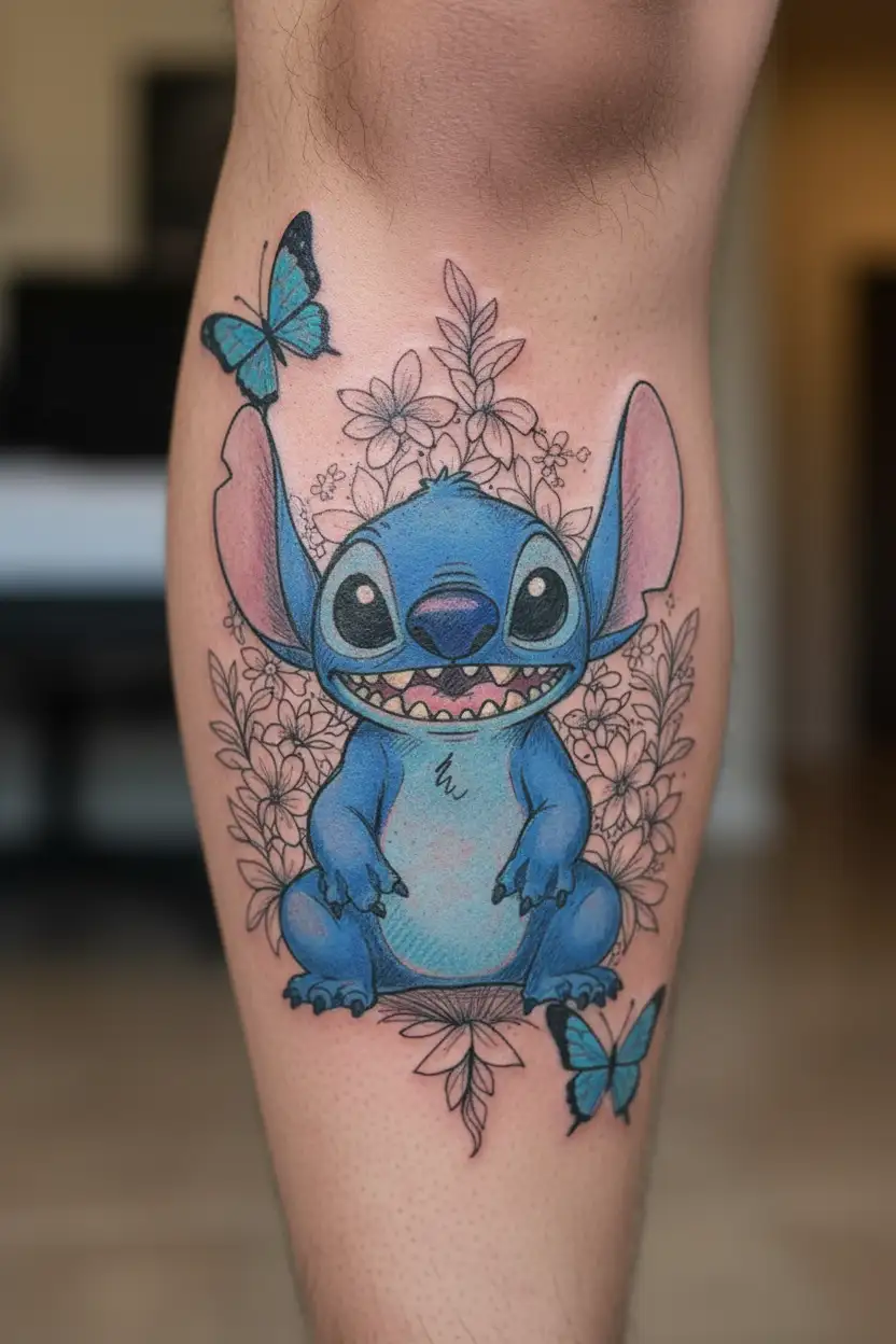 Lilo and Stitch themed tattoo with a blackwork design featuring Ohana symbol and Stitch surrounded by butterflies tattoo design idea