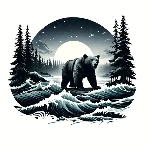 leg sleeve waves camping forest night bear tattoo design idea