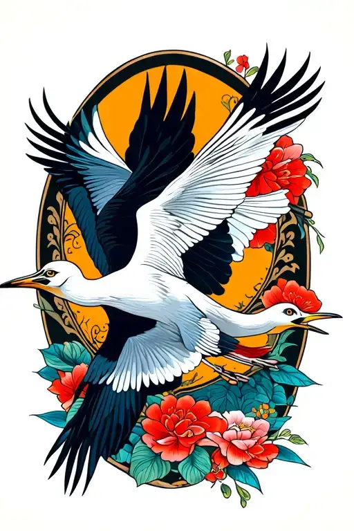 Two crane birds flying tattoo design idea