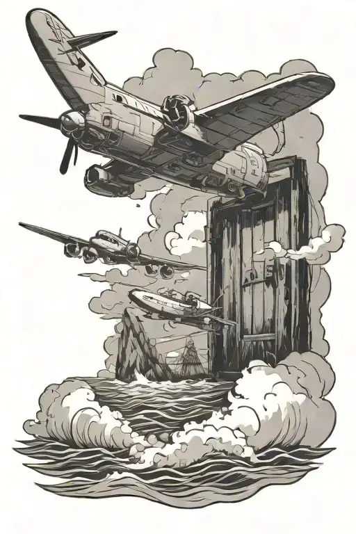 open door leading to the ocean and airplane flying tattoo design idea