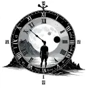 moon or a planet inside a time dial, words let it be, beach, mountain, lost in thought man standing, minimalist tattoo tattoo design idea