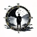 moon or a planet inside a time dial, words let it be, beach, mountain, lost in thought man standing, minimalist tattoo tattoo design idea